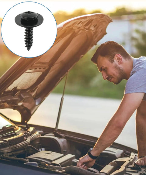20 Pack Fender Liner Screws For Auto Body Bumper And Splash Shield M4.8-1.61 x 19mm Phillips Truss Head With 16mm Washer shown with car repair
