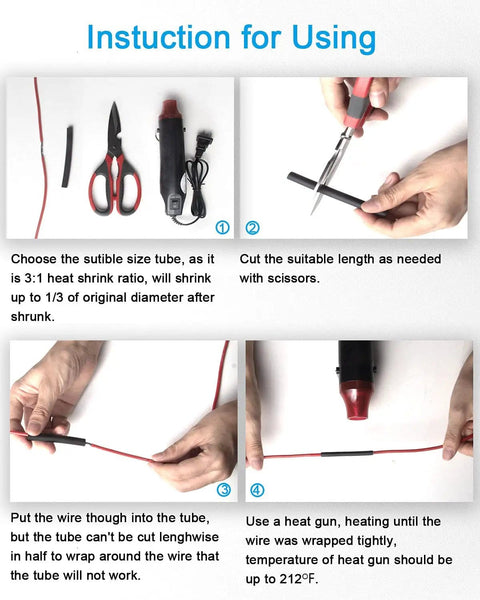 Instructional guide for 300 Piece Heat Shrink Tubing Kit With 3 To 1 Shrink Ratio, Adhesive Lined Marine Grade Shrink Wrap In Black And Red.