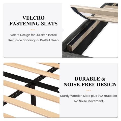 Velcro fastening slats on Full Platform Bed Frame With Upholstered Fabric Headboard In Grey Featuring Dense Foam Padding And Breathable Polyester.