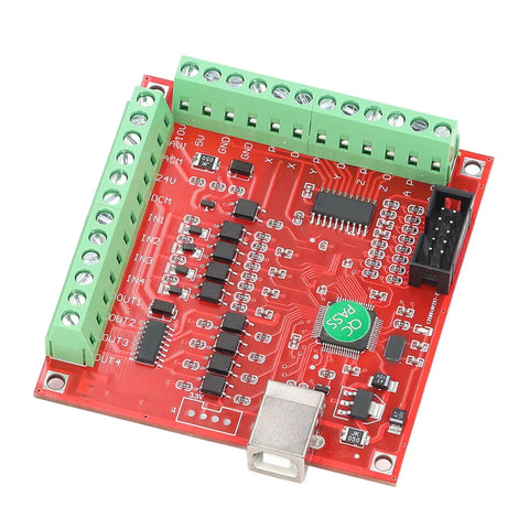 4 Axis CNC Breakout Board Motion Controller Card With 100KHz Step Pulse Frequency USB Interface For Stepper And Servo Motors Dope Performance Supports Probes Emergency Input Limit Switches And Handwheel Manual Control red PCB with screw terminals and USB port