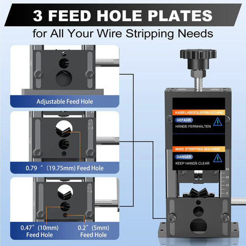 Adjustable feed hole plates of Heavy Duty Automatic Wire Stripper Machine With 180 Watt Motor For Fast Copper Cable Recycling.