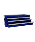 Industrial 3 Drawer Portable Metal Tool Chest Cabinet 26 Inch Heavy Duty Mid Size Steel Tool Storage Box With Ball Bearing Drawer Slides Central Cam Lock Non Slip Liners Blue, open drawers view