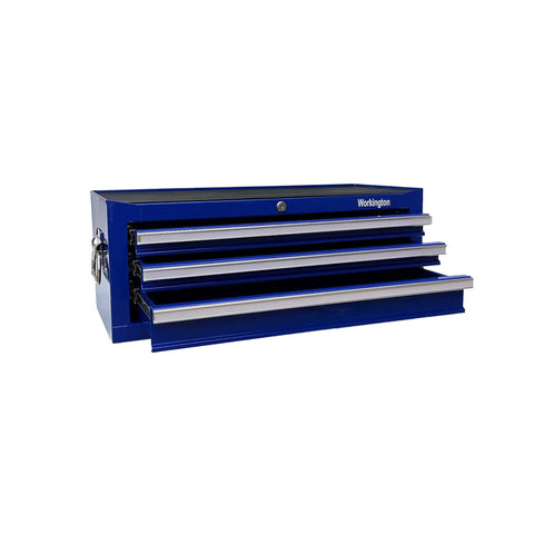 Industrial 3 Drawer Portable Metal Tool Chest Cabinet 26 Inch Heavy Duty Mid Size Steel Tool Storage Box With Ball Bearing Drawer Slides Central Cam Lock Non Slip Liners Blue, open drawers view