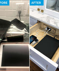 Discreet Drawer Mounted Power Station Featuring Brushed Stainless Steel GlidePanel Dual UsbA Charging Ports And Reliable AC Jacks Integrated Thermal Safety Shutoff And Neat Wire Management For Slick Countertop Clearout Vibes, before and after comparison.