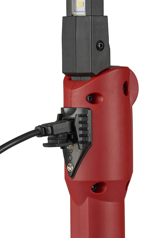 Close-up of Stinger Switchblade 800 Lumen Rechargeable Multi Function LED Work Light with USB cable connection visible