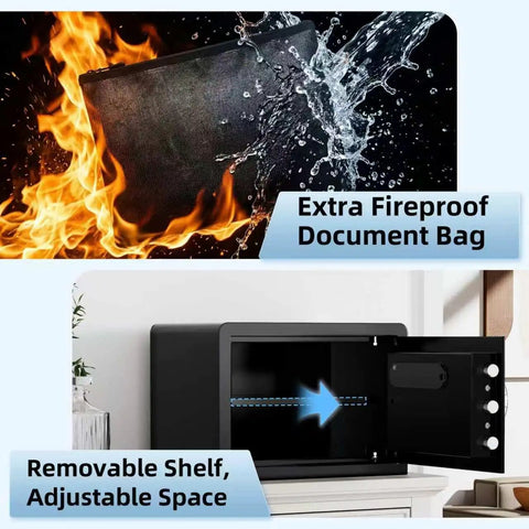 Compact Biometric Safe Box With 0.8 Cu Ft Capacity, Fingerprint Scanner Unlocks In 0.3 Seconds, fireproof bag in flames.