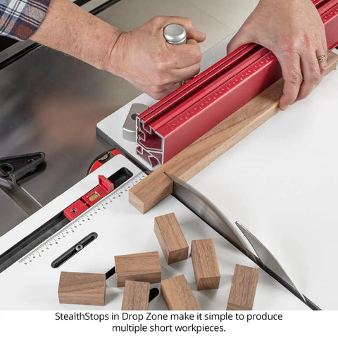 Job Ready AutoScale Miter Sled With Drop Zone Table Saw Crosscut Guide Phenolic Base setup with wood pieces and stealth stops.