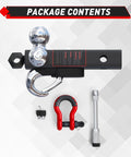 Beefy Tri Ball Mount Trailer Hitch With Three Ball Sizes 1-7/8 In, 2 In, And 2-5/16 In Plus Tow Hook And Shackle, package contents