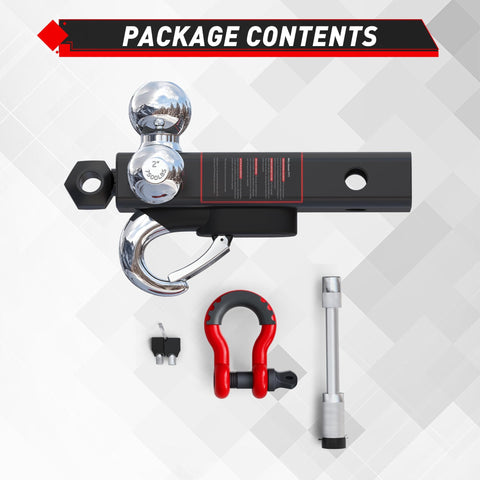 Beefy Tri Ball Mount Trailer Hitch With Three Ball Sizes 1-7/8 In, 2 In, And 2-5/16 In Plus Tow Hook And Shackle, package contents
