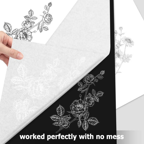 White Carbon Transfer Paper Set For Wood Burning And Art Projects, 30 Sheets, A4 Size 8.27 By 11.81 Inches, showing a traced floral design