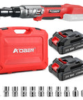 Cordless Ratchet Wrench Kit With 74 Ft Lbs Torque Brushless Motor Variable Speed Dual 2000mAh Li Ion Batteries Charger Eight Sockets One Quarter Inch And One Half Inch Adapters Three Inch Extension Bar