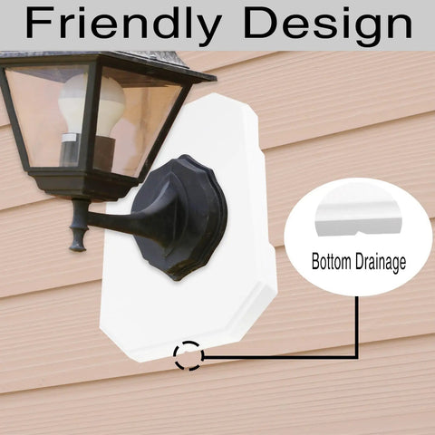 White 2 Pack Vinyl Siding Mounting Brackets With Built In Electrical Box For Outdoor Lighting Easy Snap On Setup Works Like A Dream For Half Inch Lap Siding, installed near a black outdoor light fixture.