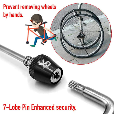Anti Theft Bike Locking Skewer Set With 7 Lobe Key And Fixed Spring Axle for security, preventing wheel removal by hands.