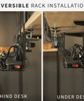Two Pack Clamp On Desk Cable Management Trays 17 Inch Iron Mesh Racks For Under Desk Cords Power Strips And Surge Protectors Cord Organizer Solution For Home Office Black installed behind and under desk