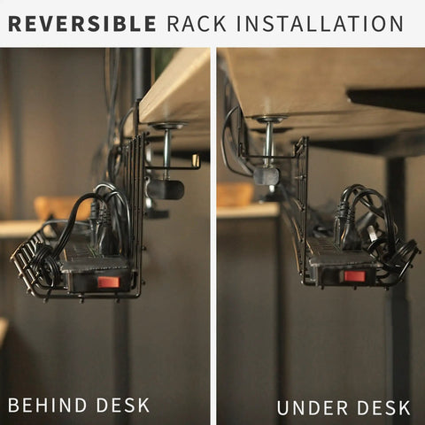 Two Pack Clamp On Desk Cable Management Trays 17 Inch Iron Mesh Racks For Under Desk Cords Power Strips And Surge Protectors Cord Organizer Solution For Home Office Black installed behind and under desk