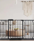Extra Wide Baby Gate for Doorways and Stairs, Tension Indoor Safety Gate in Black Metal across doorway, 90° hold open mechanism