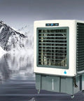 Portable Swamp Cooler On Smooth Rollers Pulls Evaporative Air Cooling Tricks With Leak Resistant Tank And Lightning Fast Drafts While Sweeping Rooms To Keep Things Crackling Cool Zero Setup Hassle Just Drop Place And Plug In For Serious Refreshment All in a frost-themed backdrop.