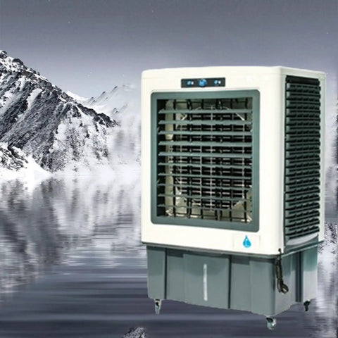 Portable Swamp Cooler On Smooth Rollers Pulls Evaporative Air Cooling Tricks With Leak Resistant Tank And Lightning Fast Drafts While Sweeping Rooms To Keep Things Crackling Cool Zero Setup Hassle Just Drop Place And Plug In For Serious Refreshment All in a frost-themed backdrop.