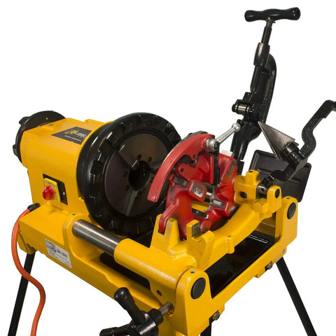 Steel Dragon Tools 300 Compact Pipe Threader Machine With Self Opening Die Head And Two Dies, showcasing red die head and yellow body.