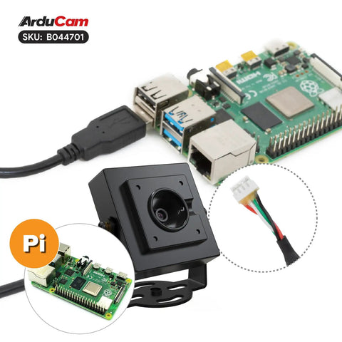 8MP USB Camera Module With HDR And Autofocus For LightBurn USB Two Point Zero Webcam With Raspberry Pi integration, cables shown.