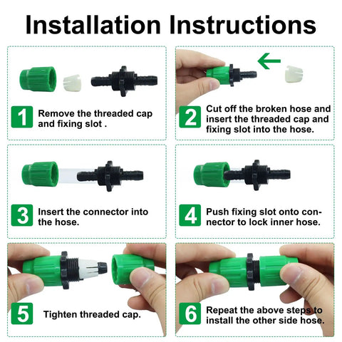 Installation steps for the Expandable Garden Hose Repair Kit With Dual Channel Connectors For Three Quarter And Five Eighth Inch Hoses.