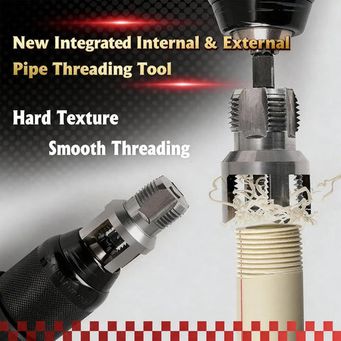Close-up of Everything You Need for PVC Pipe Threading Kit 7 Pack Rethreading Set with threader and PVC pipe in action
