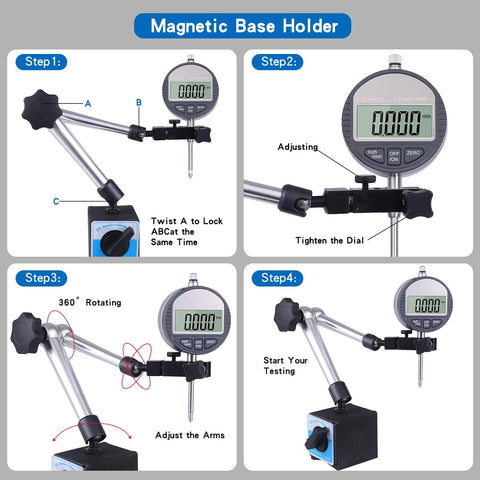 Electronic digital dial indicator on a magnetic base holder with adjustable long arm; 0–1 in range, inch/mm conversion.