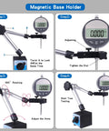 Magnetic base stand with digital dial indicator; front view showing adjustable steel arms.