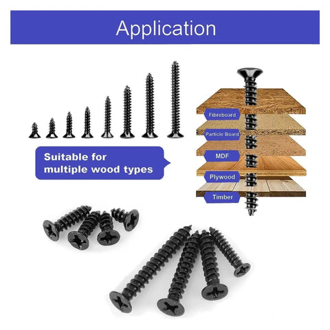 500 Piece Pan Head Self Tapping Drilling Screws Assortment Kit In Carbon Steel Black Finish M3 Size Range 6 8 10 12 16 18 20 mm for wood types