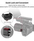 Camera Cable Lock Clamp 4 Pack For HDMI SDI And Microphone Cables Keeps DSLR Rig Cages And Handles Looking Clean No Cable Mess One Quarter Inch Twenty Mount Compatible showing clamp on camera
