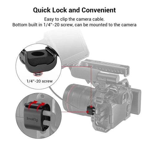 Camera Cable Lock Clamp 4 Pack For HDMI SDI And Microphone Cables Keeps DSLR Rig Cages And Handles Looking Clean No Cable Mess One Quarter Inch Twenty Mount Compatible showing clamp on camera