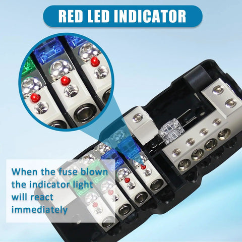 Beefy Fused Power Distribution Block For Car Audio, 4 Way MIDI Mini ANL Ready, Dual Input And Ground Poles, Individual Fuses On Positive Branches, Heavy Duty Hub For Safe Clean Power Delivery with red LED indicator