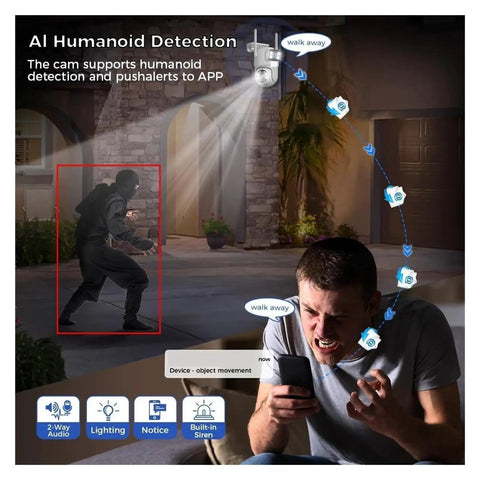 Top Shelf 6MP Dual Lens WiFi CCTV NVR Surveillance Camera Kit With Hella Sharp 3K Resolution showing humanoid detection alert on phone.
