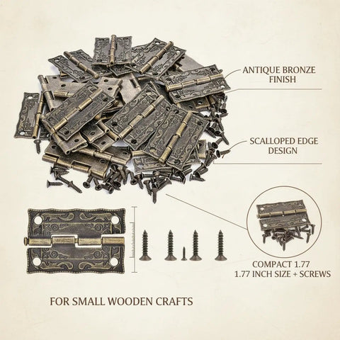 1.5 Inch Decorative Bronze Zinc Alloy Hinges For Small Jewelry Boxes And Craft Chests With Scalloped Edge Design shown with screws