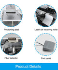 Industrial Semi Automatic Flat Surface Labeling Machine With Hella Fast Adjustable Settings And Legit High Precision Sturdy Heavy Duty Frame And Quick Installation Process showing positioning seat, label roll receiving roller, fiber detector, and foot pedal.