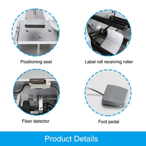 Product components of Premium Semi Automatic Labeler For Flat Bottles And Items, including positioning seat and fiber detector.