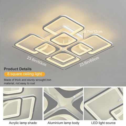 Dimmable Flush Mount LED Ceiling Light With Remote Control, 23.6 inch, eight square acrylic panels, lit view, 70W