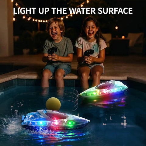 Two children playing with Twin Pack Remote Control Boats For Kids And Adults With Dual Speed Modes in a pool at night.