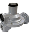 Front view of Fairview GR-968C compact two-stage propane regulator, silver body with black cap.
