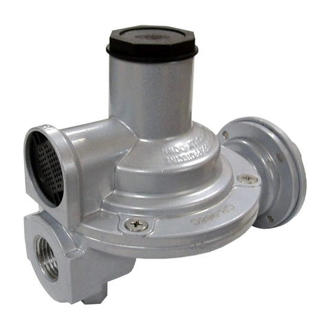 Front view of Fairview GR-968C compact two-stage propane regulator, silver body with black cap.