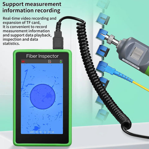 Green Fiber Inspector handheld video probe with a 5-inch touchscreen, connected to a fiber optic probe and blue adapters.