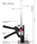 Viking Arm handheld jack/clamp, side view; black lever, silver shaft, base plate with mounting holes, 330 lb capacity