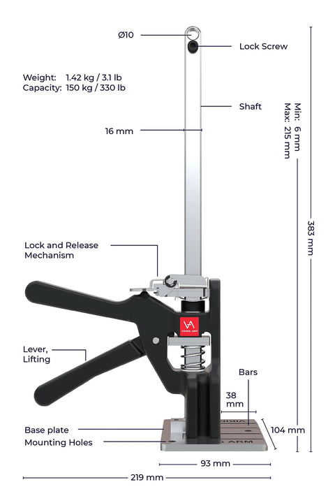 Viking Arm handheld jack/clamp, side view; black lever, silver shaft, base plate with mounting holes, 330 lb capacity