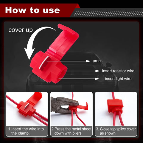 Instructions on using quick wire clips for 4 Pack 50W 8 Ohm LED Load Resistors For Turn Signals And Front Or Rear License Plate Lights.