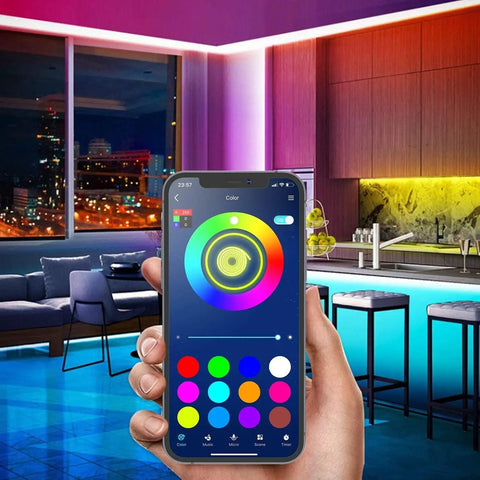 Hand holding phone with app controlling 32.8Ft RGB LED Strip Lights With Music Sync And Remote Control Color Changing LED Light Strips.