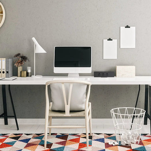 Modern office setup with Clamp On Desk Power Strip With USB C And USB A Ports, 6 AC Outlets, 1 USB C, 3 USB A, 6.56ft Flat Plug Desk Hub