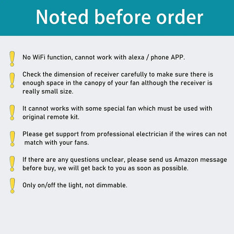 Instructions and limitations for Universal Ceiling Fan Remote Control Kit Three In One Wireless Receiver.