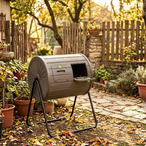 Dual Chamber Compost Tumbler 360 Degree Rotating Drum With Stirring Blades in garden, coffee wood grain finish