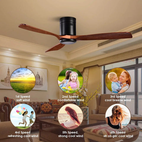 Low Profile 52 Inch Outdoor Ceiling Fan With Remote Control 6 Speeds Whisper Quiet DC Motor Weather Resistant Flush Mount Wood Blades