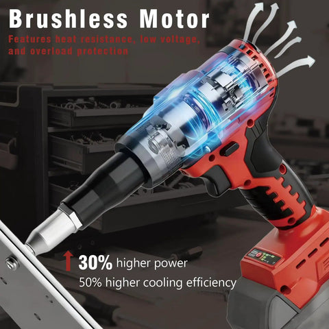 Upgraded Brushless Cordless Rivet Gun Tool Compatible With Milwaukee 18v Battery Includes Three Sizes Aluminum Rivets And Bright LED Light For Daily Workhorse Tasks No Battery Included Red showcasing powerful brushless motor.